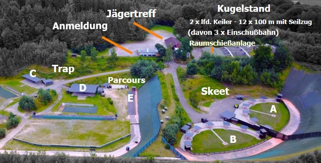 Übersicht der gesamten Anlage der Jagdschule Lüdersburg mit Schießstand, Parcours und Jägertreff.